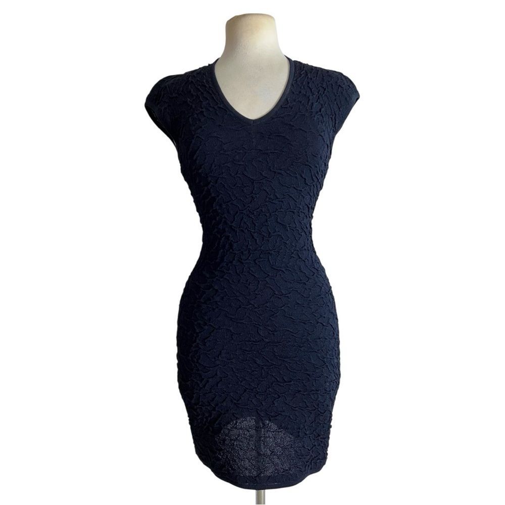 Escada Elegant Navy Blue Textured Deep V Mini Dress Size 34 / XS